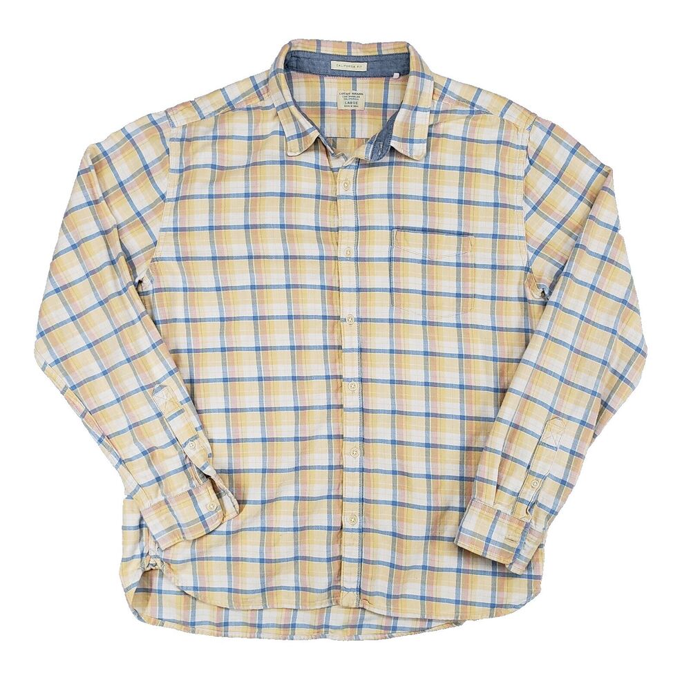 Lucky Brand Western Flannel‎ Shirt Mens Large Yellow Plaid Rodeo Rockabilly